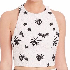 Alice + Olivia White Lace Crop Top with Dark Navy Floral Design